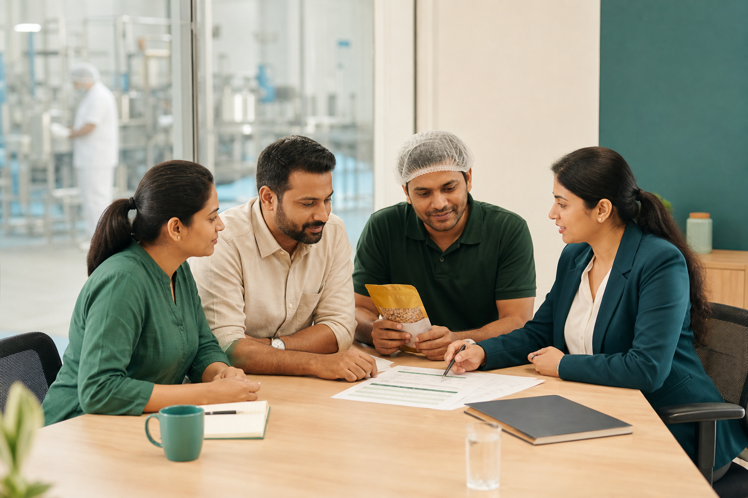 Food business team reviewing compliance plans with a consultant