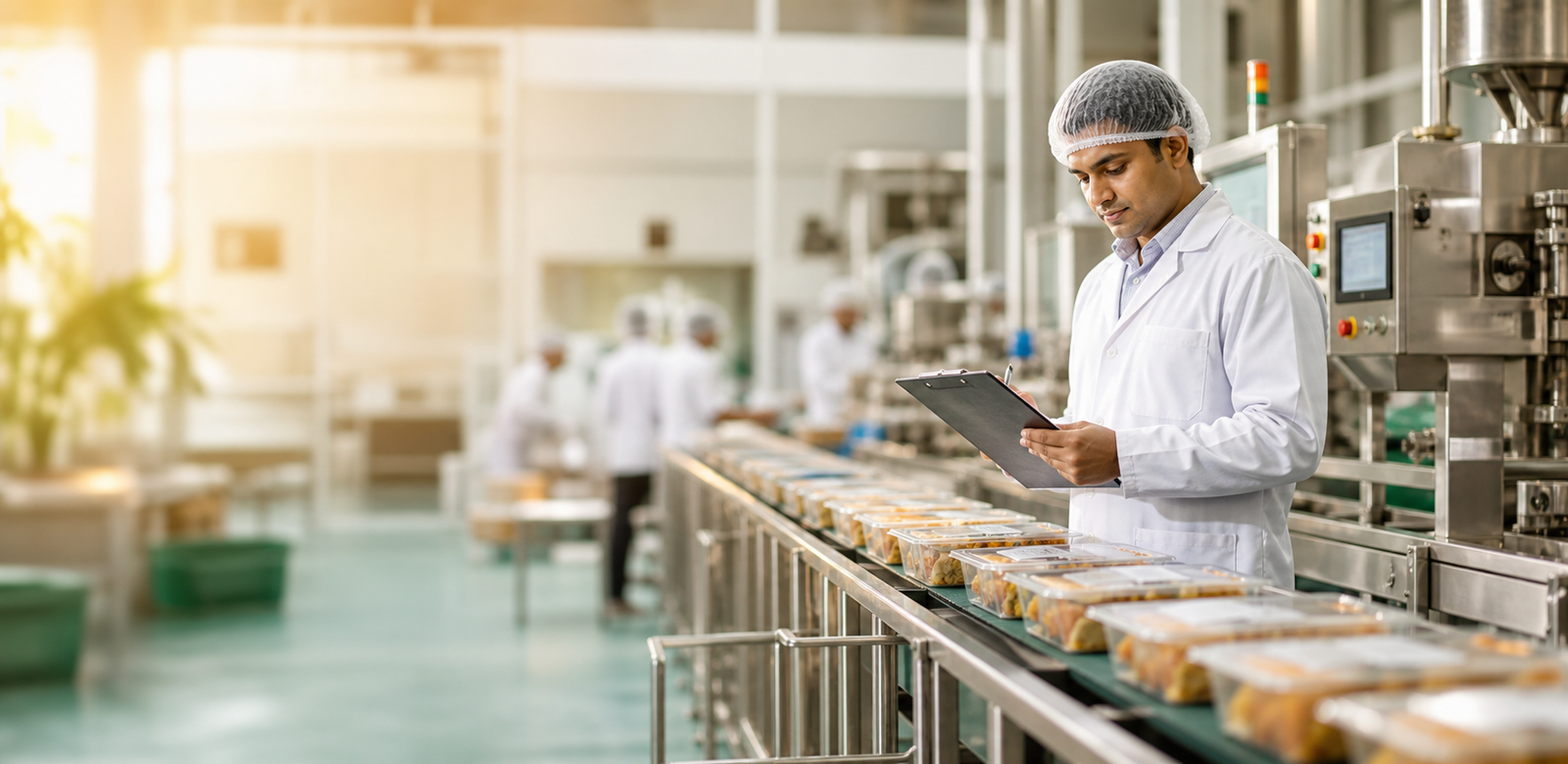 Food safety manager reviewing a packaged-food production line