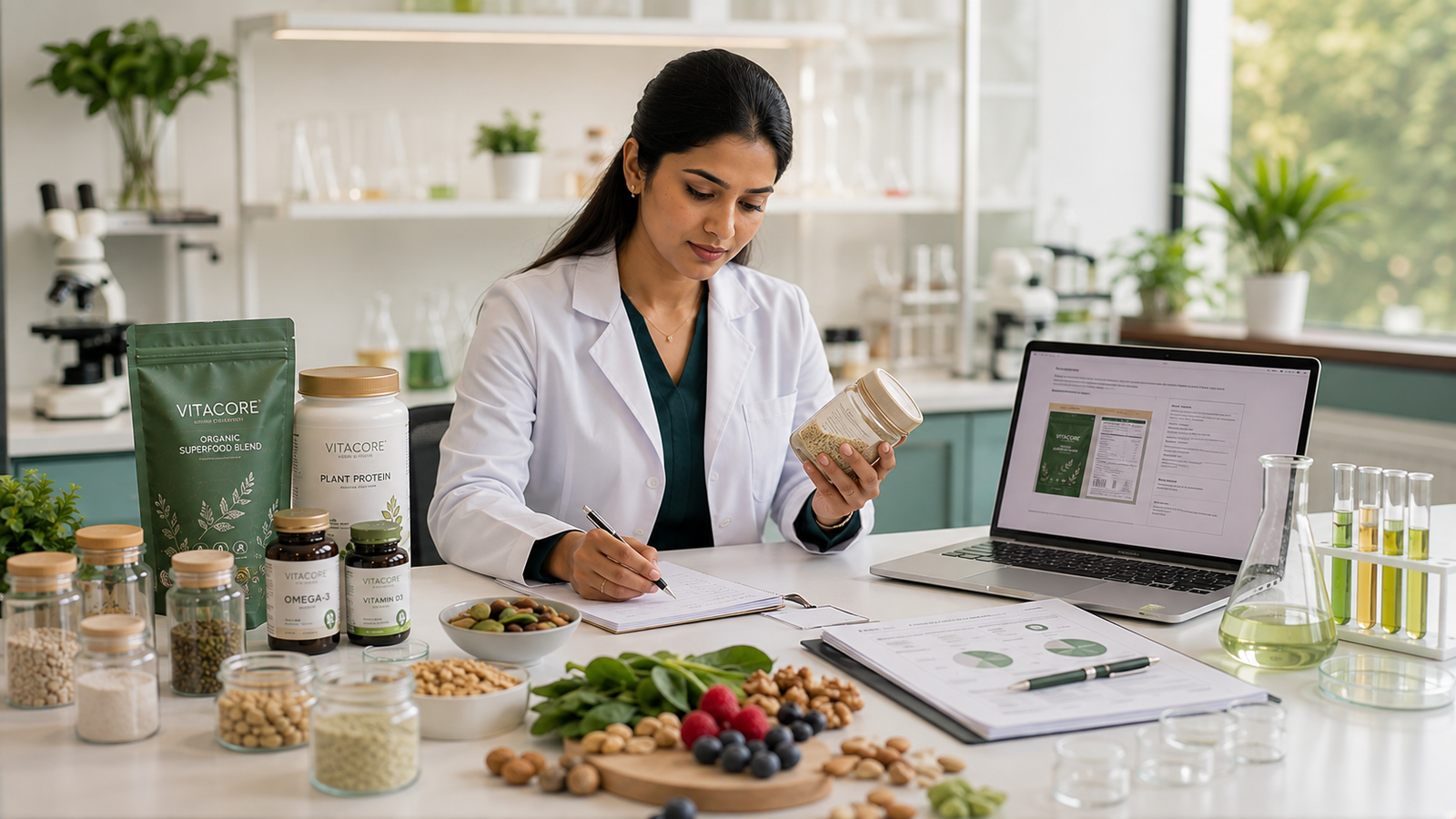 Food scientist reviewing a nutraceutical product formulation and label